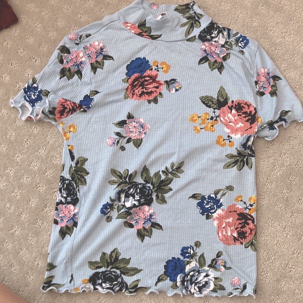 Blue floral turtle neck ruffle sleeve
